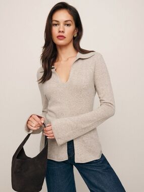 Reformation Jade Lightweight Cashmere Collared Sweater Barley Tan Size Small